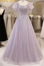 Elegant And Unique Lavender Square Neckline Fluffy Short Sleeved Beaded Sequin Ball Dress Lavender A Line Princess Sheer Backless Strap And Floor Length Prom Dresses