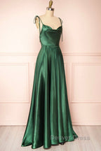 Elegant Backless Green Satin Long Prom Dress, Backless Green Prom Graduation Prom Dresses