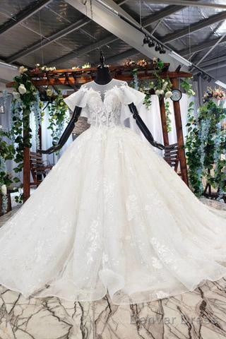 Elegant Ball Gown Big Wedding Dresses, Appliques Bridal Dress With Short Sleeves