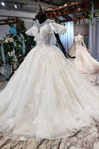 Elegant Ball Gown Big Wedding Dresses, Appliques Bridal Dress With Short Sleeves