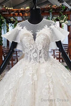 Elegant Ball Gown Big Wedding Dresses, Appliques Bridal Dress With Short Sleeves