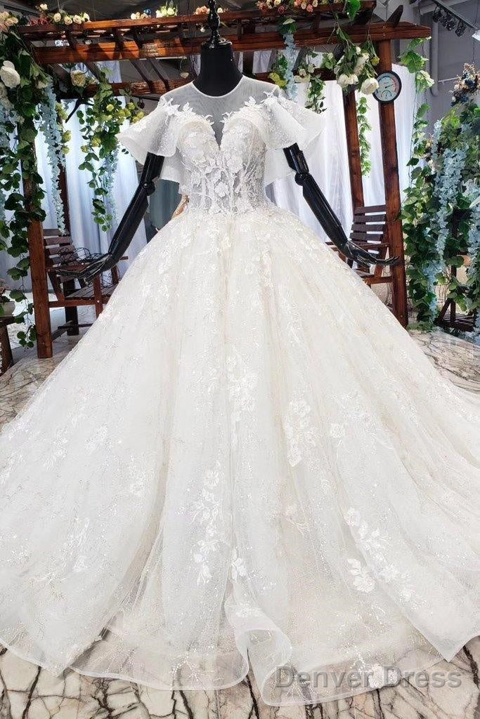 Elegant Ball Gowns Big Wedding Dress, Appliques Bridal Dresses With Short Sleeves