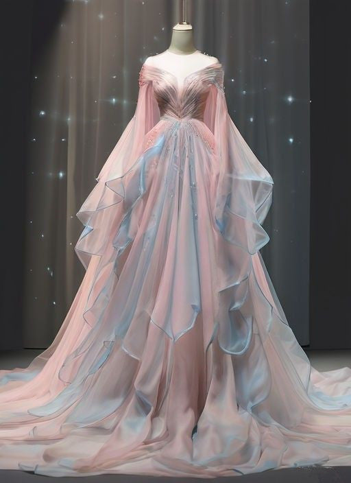 Elegant Ball Gowns Off The Shoulder Pink Chiffon Long Prom Dress