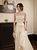 Elegant Beige Spaghetti Strap Square Neck Knot-Embellished Satin Long Prom Dresses Evening Dresses Bridesmaid Dresses