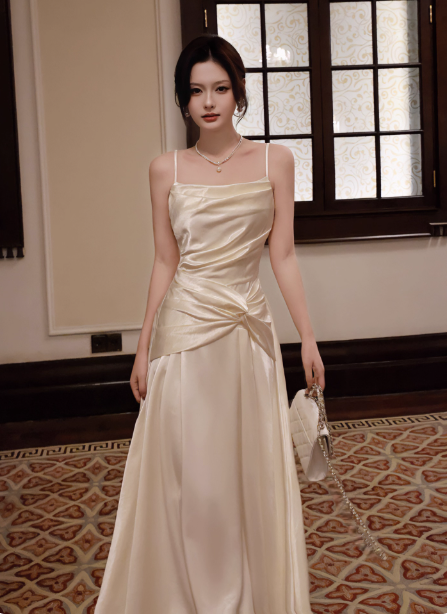 Elegant Beige Spaghetti Strap Square Neck Knot-Embellished Satin Long Prom Dresses Evening Dresses Bridesmaid Dresses