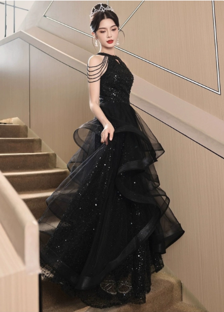 Elegant Black A-Line Halter Neck Chain Sequined Tulle Long Prom Dresses Evening Dresses