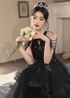 Elegant Black A-Line Halter Neck Chain Sequined Tulle Long Prom Dresses Evening Dresses