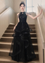 Elegant Black A-Line Halter Neck Chain Sequined Tulle Long Prom Dresses Evening Dresses