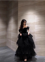Elegant Black A-Line Off-The-Shoulder Shimmer Tiered Tulle Long Prom Dresses Evening Dresses