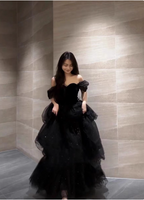 Elegant Black A-Line Off-The-Shoulder Shimmer Tiered Tulle Long Prom Dresses Evening Dresses