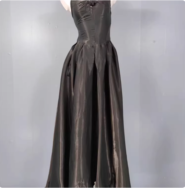 Elegant Black A-Line Spaghetti Strap Satin Long Prom Dresses Evening Dresses
