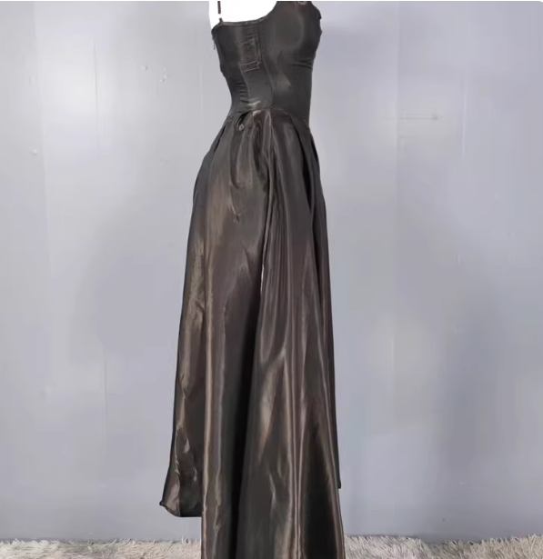 Elegant Black A-Line Spaghetti Strap Satin Long Prom Dresses Evening Dresses