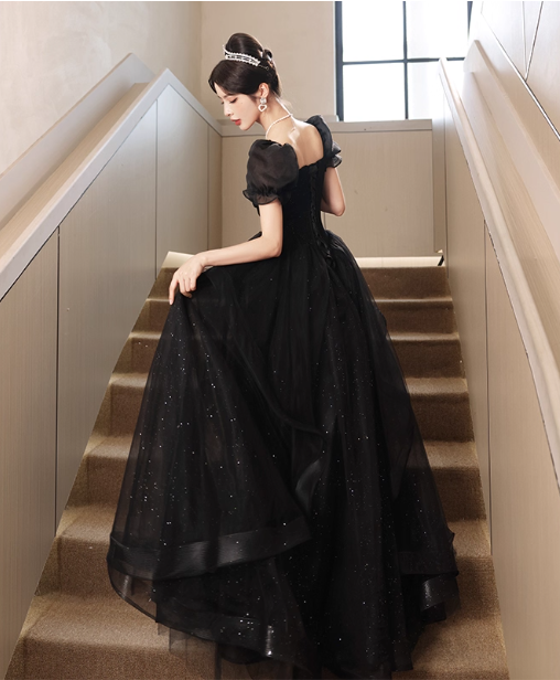 Elegant Black A-Line Square Neck Puff Sleeve Tulle Long Prom Dresses Evening Dresses