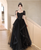 Elegant Black A-Line Square Neck Puff Sleeve Tulle Long Prom Dresses Evening Dresses