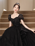 Elegant Black A-Line Square Neck Puff Sleeve Tulle Long Prom Dresses Evening Dresses