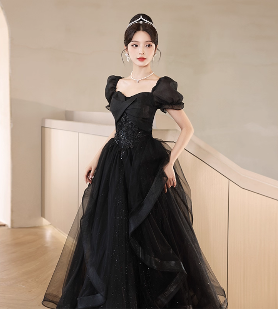 Elegant Black A-Line Square Neck Puff Sleeve Tulle Long Prom Dresses Evening Dresses Main image