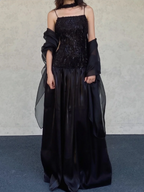 Elegant Black A-Line Square Neck Spaghetti Strap Sequined Tulle Long Prom Dresses Evening Dresses