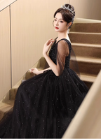 Elegant Black A-Line V-Neck Shawl Lace Tulle Long Prom Dresses Evening Dresses