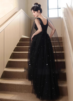 Elegant Black A-Line V-Neck Shawl Lace Tulle Long Prom Dresses Evening Dresses