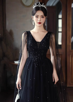 Elegant Black A-Line V-Neck Shawl Lace Tulle Long Prom Dresses Evening Dresses