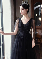 Elegant Black A-Line V-Neck Shawl Lace Tulle Long Prom Dresses Evening Dresses