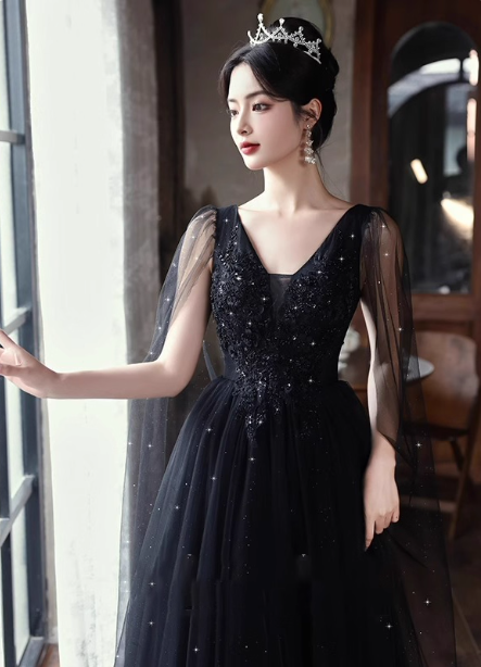 Elegant Black A-Line V-Neck Shawl Lace Tulle Long Prom Dresses Evening Dresses