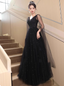 Elegant Black A-Line V-Neck Shawl Lace Tulle Long Prom Dresses Evening Dresses