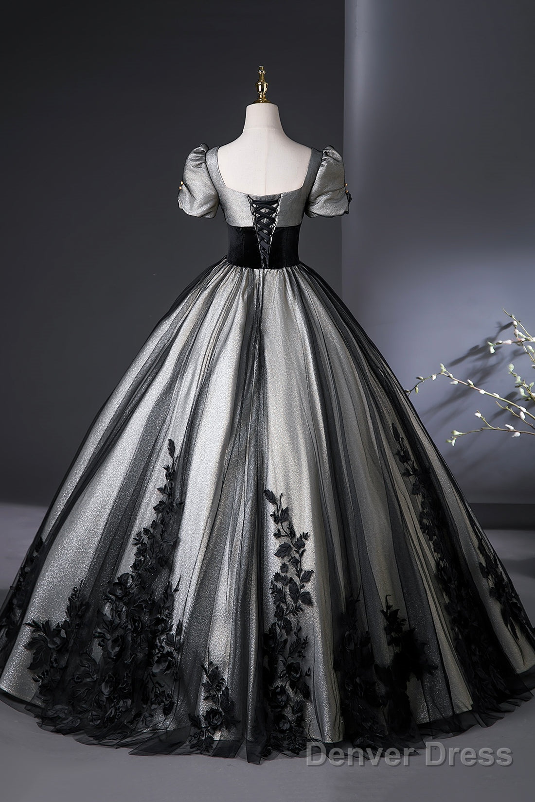 Elegant Black And Silver Lace Long Prom Dress, A-Line Square Neck Party Dress