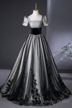 Elegant Black And Silver Lace Long Prom Dress, A-Line Square Neck Party Dress