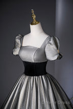 Elegant Black And Silver Lace Long Prom Dress, A-Line Square Neck Party Dress