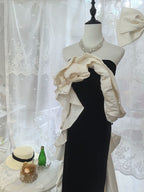 Elegant Black And White Color-Blocked Mermaid Strapless Velvet Satin Long Prom Dresses Evening Dresses
