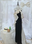 Elegant Black And White Color-Blocked Mermaid Strapless Velvet Satin Long Prom Dresses Evening Dresses