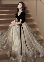 Elegant Black & Gold Panel Short Sleeve Velvet Tulle A-Line Long Prom Dresses Evening Dresses