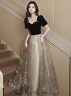 Elegant Black & Gold Panel Short Sleeve Velvet Tulle A-Line Long Prom Dresses Evening Dresses