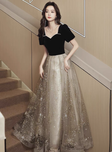 Elegant Black & Gold Panel Short Sleeve Velvet Tulle A-Line Long Prom Dresses Evening Dresses
