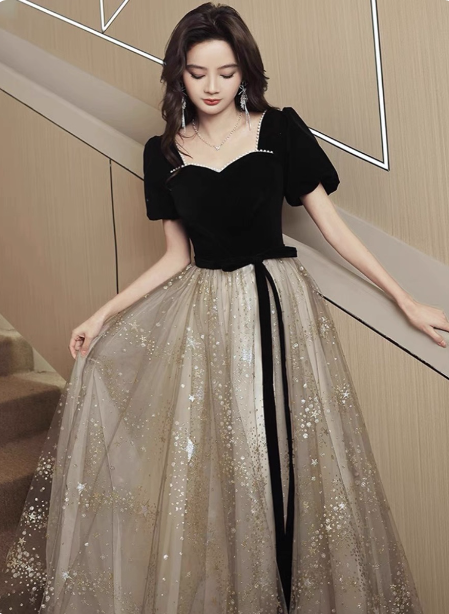 Elegant Black & Gold Panel Short Sleeve Velvet Tulle A-Line Long Prom Dresses Evening Dresses