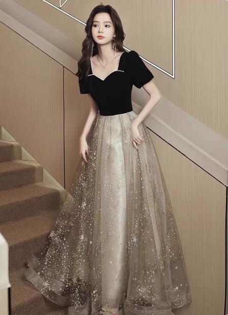 Elegant Black & Gold Panel Short Sleeve Velvet Tulle A-Line Long Prom Dresses Evening Dresses Main image
