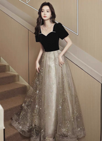 Elegant Black & Gold Panel Short Sleeve Velvet Tulle A-Line Long Prom Dresses Evening Dresses