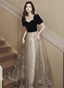 Elegant Black & Gold Panel Short Sleeve Velvet Tulle A-Line Long Prom Dresses Evening Dresses