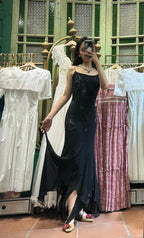 Elegant Black Irregular Strap Beaded Chiffon Long Prom Dresses Evening Dresses