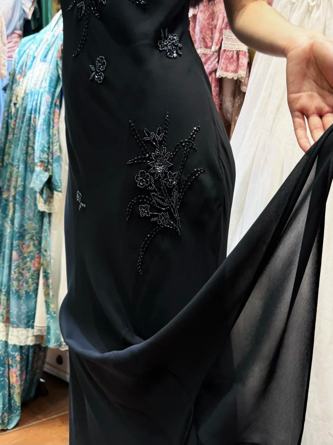Elegant Black Irregular Strap Beaded Chiffon Long Prom Dresses Evening Dresses