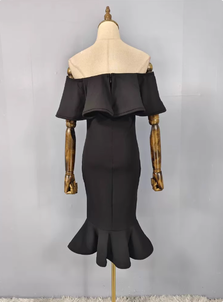 Elegant Black Mermaid Off-The-Shoulder Ruffled Satin Prom Dresses Evening Dresses
