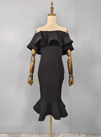 Elegant Black Mermaid Off-The-Shoulder Ruffled Satin Prom Dresses Evening Dresses
