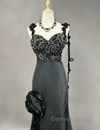 Elegant Black Mermaid Satin Beaded Sequin Long Prom Dresses, Sweetheart Neck Evening Dresses