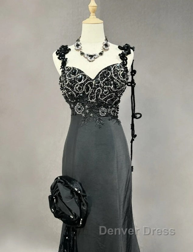 Elegant Black Mermaid Satin Beaded Sequin Long Prom Dresses, Sweetheart Neck Evening Dresses