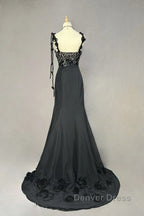 Elegant Black Mermaid Satin Beaded Sequin Long Prom Dresses, Sweetheart Neck Evening Dresses