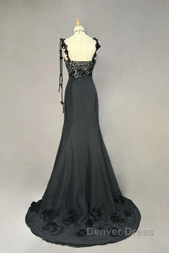 Elegant Black Mermaid Satin Beaded Sequin Long Prom Dresses, Sweetheart Neck Evening Dresses