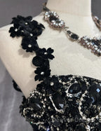 Elegant Black Mermaid Satin Beaded Sequin Long Prom Dresses, Sweetheart Neck Evening Dresses