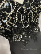 Elegant Black Mermaid Satin Beaded Sequin Long Prom Dresses, Sweetheart Neck Evening Dresses