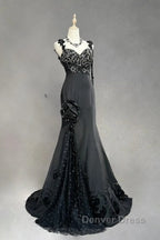 Elegant Black Mermaid Satin Beaded Sequin Long Prom Dresses, Sweetheart Neck Evening Dresses